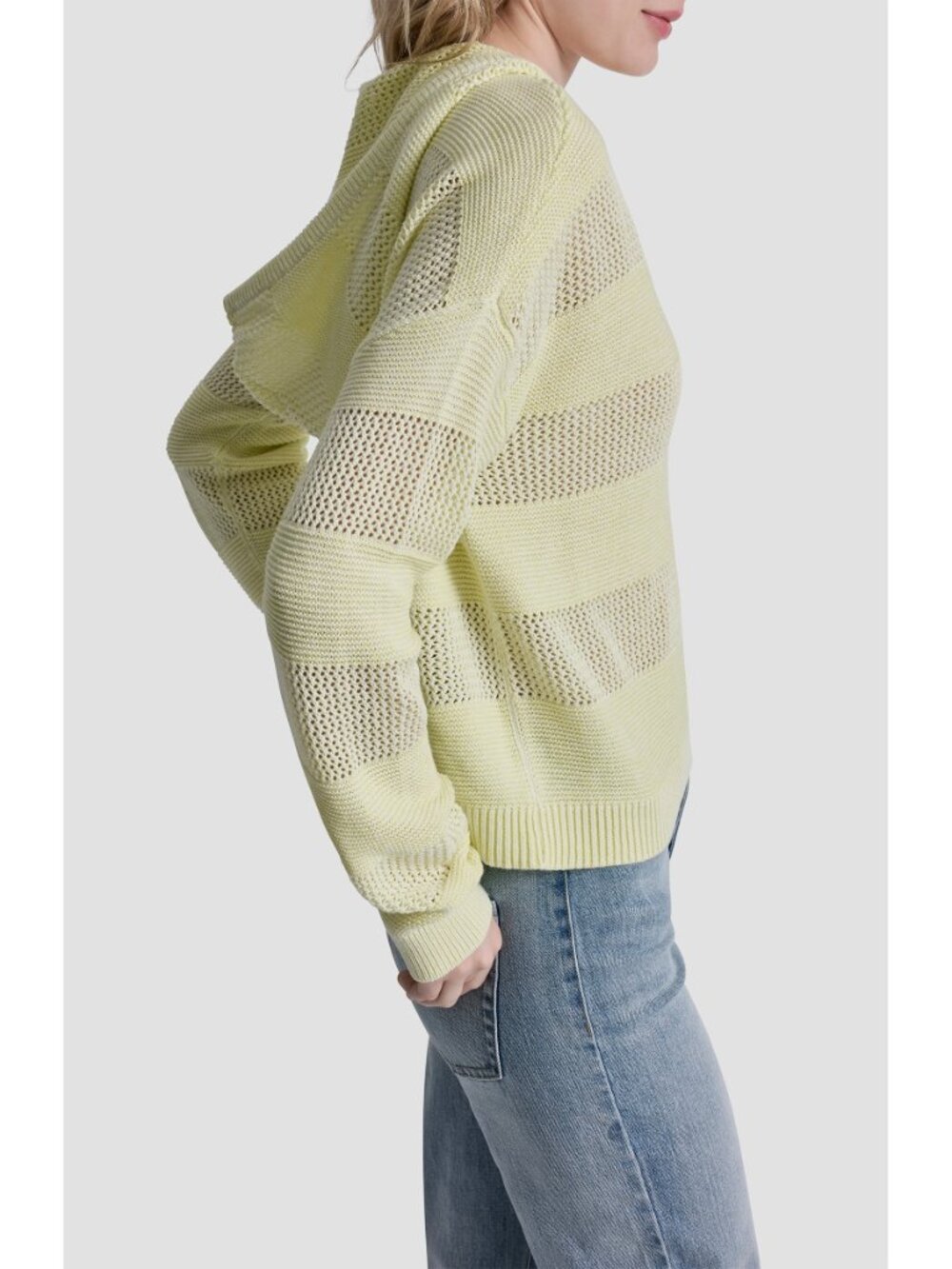 DKNY JEANS NWT POINTELLE STRIPE LEMON LIGHT COTTON HOODED SWEATER. SIZE S - Picture 2 of 11